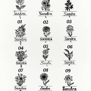 May include: A white background features twelve floral designs with the name "Sandra" below each, and numbers from 01 to 12. The word "design" is at the top. Each design is a different flower illustration.
