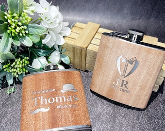 Carving wood grain flask : Personalized groom's flask, 6 ounces, men's flask set box, gift for dad, wedding flask, summer drinks