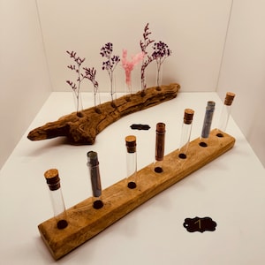 Könnte beinhalten: Ein Holzständer mit 10 Glasröhrchen, einige mit getrockneten Blumen und andere mit aufgerollte Papier. Der Ständer ist aus Treibholz gefertigt und hat ein natürliches, rustikales Aussehen.