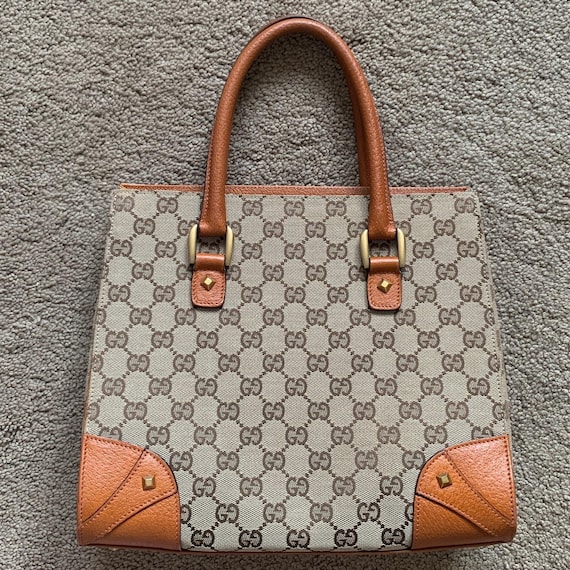 G1071 Gucci Monogram Canvas and Brown Leather Tote Bag - Etsy