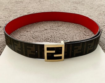 Authentic FENDI double face reversible unisex zucca monogram and red leather belt size 36”