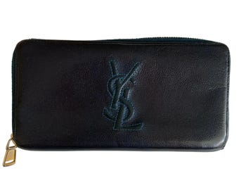 Yves Saint Laurent YSL logo long zipper around navy blue wallet authentic with