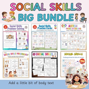 May include: A colourful image advertising a bundle of social skills resources for children with autism. The bundle includes problem-solving worksheets, practice cards, vocabulary puzzles, and challenge notes. The image features illustrations of children interacting in various social situations.