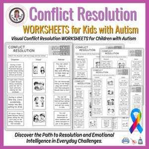 Könnte beinhalten: Schwarz-weiß-Illustrationen von Kindern in verschiedenen Szenarien, mit Textfeldern, die Konfliktsituationen und Ratschläge zu sozialen Kompetenzen beschreiben. Der Titel lautet "Conflict Resolution Worksheets for Kids with Autism".