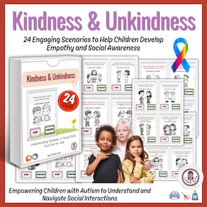 Op de afbeelding: Een set van 24 kaarten ontworpen om kinderen met autisme te helpen vriendelijkheid en onvriendelijkheid te begrijpen. De kaarten bevatten illustraties van kinderen in verschillende sociale situaties. De tekst op de kaarten vraagt: "Is dit vriendelijk of onvriendelijk?" De kaarten maken deel uit van een set sociale vaardigheidskaarten voor kinderen. De afbeelding toont ook drie kinderen, twee meisjes en een jongen, die naar de camera kijken.