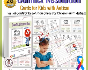 May include: A set of 28 visual conflict resolution cards for children with autism. The cards feature colorful illustrations and text to help children learn how to resolve conflicts peacefully. The cards are designed to be used with children ages 4-8. The cards are in a box with a blue and white design. The text on the box reads "Conflict Resolution Social Skills 28 Cards Visual Conflict Resolution Cards for Children with Autism @cutiebastie".