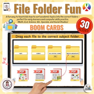 Könnte beinhalten: Ein digitales Lernmittel namens "File Folder Fun" mit dem Text "BOOM CARDS". Das Bild zeigt einen Tablet-Bildschirm mit Ordnern, die mit Mathe, Naturwissenschaften, SEL und ELA beschriftet sind. Darunter befinden sich PDF-Dateien zum Sortieren. Ein roter Kreis zeigt 30 Folien an.