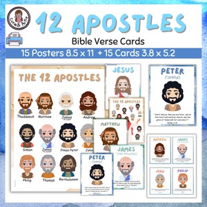 12 Apóstolos e Jesus - Cartões com versículos bíblicos 3,8 x 5,2 e pôsteres 8,5 x 11