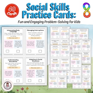 Può includere: Un set di 40 carte colorate progettate per aiutare i bambini a esercitarsi nelle loro capacità sociali. Le carte presentano diversi scenari e domande per aiutare i bambini a imparare a navigare nelle situazioni sociali. Le carte sono etichettate "Carte di pratica delle capacità sociali: Risoluzione dei problemi divertente e coinvolgente per i bambini".