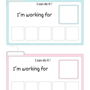 Puede incluir: Una hoja de trabajo imprimible con dos carpetas azules y rosas. Cada carpeta tiene un espacio para un nombre, un cuadro para una imagen y cinco cuadros para escribir. El texto "&iexcl;Puedo hacerlo!" y "Estoy trabajando para" est&aacute; incluido en cada carpeta.