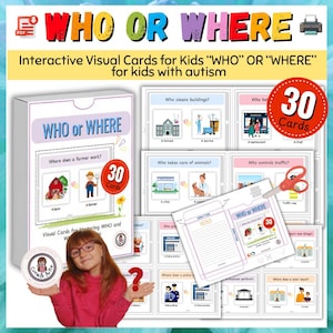 May include: A set of 30 visual cards for kids with autism. The cards feature colorful illustrations and text that asks "Who" or "Where" questions. The cards are designed to help children learn about different jobs, places, and activities. The cards are printed on white cardstock and are packaged in a clear plastic sleeve.
