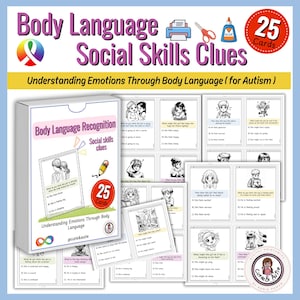 May include: A set of 25 cards designed to help children understand emotions through body language. The cards feature illustrations of people in various situations and ask questions about how they might be feeling. The cards are titled "Body Language Recognition: Social Skills Clues" and "Understanding Emotions Through Body Language".