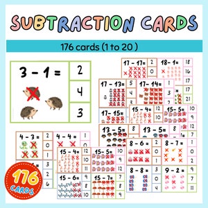 Peut inclure: Un jeu de 176 cartes de soustraction colorées pour enfants. Les cartes présentent différents animaux et objets pour aider les enfants à apprendre les bases de la soustraction de 1 à 20.