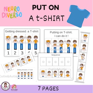 Könnte beinhalten: Eine druckbare Lernhilfe für Kinder, um das Anziehen eines T-Shirts zu lernen. Die Ressource umfasst 7 Seiten mit Illustrationen eines Kindes, das in verschiedenen Schritten ein T-Shirt anzieht. Der Text auf der Seite lautet "T-Shirt anziehen. Ich kann es!" und "Anziehen: ein T-Shirt".