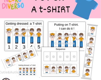 May include: A printable educational resource for children to learn how to put on a t-shirt. The resource includes 7 pages with illustrations of a child putting on a t-shirt in different steps. The text on the page says "Putting on T-shirt. I can do it!" and "Getting dressed: a T-shirt".