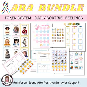 Tablero de fichas + Íconos de refuerzo + Rutina diaria + Tarjetas ABA de sentimientos de emoción