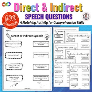 Puede incluir: Hoja de trabajo imprimible en blanco y negro con el título "Direct & Indirect Speech Questions" y el texto "A Matching Activity for Comprehension Skills". La hoja de trabajo incluye una serie de preguntas en discurso directo e indirecto para que los estudiantes las identifiquen.