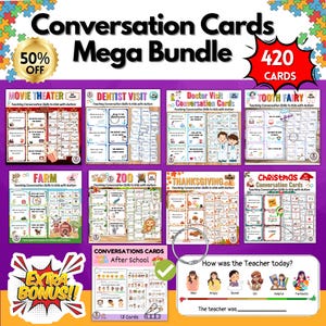 May include: A collection of conversation cards for children with autism, covering topics like the cinema, dentist, and zoo. The bundle contains 420 cards and an extra bonus, designed to aid communication skills.