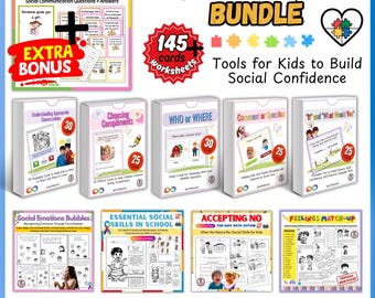 May include: A collection of educational tools for kids, including card decks and worksheets. The "Build Confidence Bundle" features tools for social skills, with titles like "What to Say" and "Accepting No." The image has a blue and white color scheme.