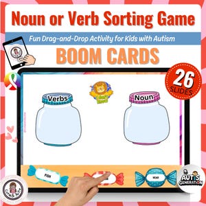 Może przedstawiać: Cyfrowa gra edukacyjna zatytułowana "Noun or Verb Sorting Game" z tekstem "BOOM CARDS". Gra zawiera dwa słoiki z etykietami "Czasowniki" i "Rzeczowniki", z podpowiedziami słownymi w kształcie cukierków. Gra jest przeznaczona dla dzieci z autyzmem i ma 26 slajdów.