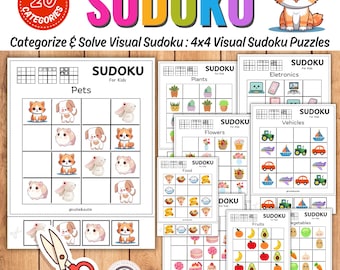 May include: A set of 4x4 visual Sudoku puzzles for kids. Each puzzle features a different category of images, such as pets, plants, electronics, vehicles, flowers, food, fruits, and vegetables. The puzzles are designed to help kids learn about different categories and improve their problem-solving skills.