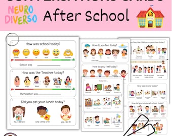 May include: Thirteen colorful conversation cards for children to use after school. The cards feature questions about how their day went, including how they felt, how the teacher was, and how recess was. The cards also include questions about their lunch and how they behaved at school.