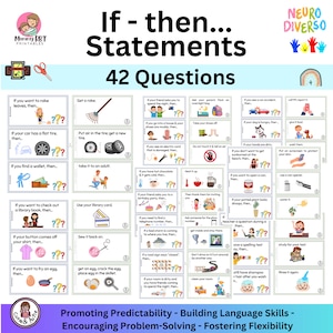 May include: A colourful printable resource for teaching if-then statements. The resource features 42 questions with illustrations and question marks to encourage children to think critically and problem-solve. The title of the resource is "If-then... Statements 42 Questions".