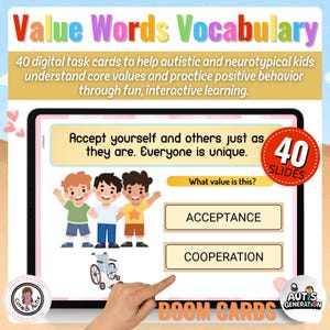 May include: Digital task cards for autistic and neurotypical kids. The image shows a tablet displaying a lesson on core values, with the text "Accept yourself and others just as they are. Everyone is unique." The lesson includes multiple-choice questions.