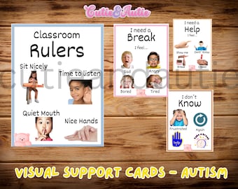 May include: Visual support cards for autism featuring images and text. The cards include classroom rules, feelings, and phrases like "I need a break" and "I don't know".