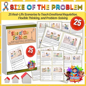 May include: A boxed set of educational cards titled "Size of the Problem" with the text "25 Real-Life Scenarios to Teach Emotional Regulation, Flexible Thinking, and Problem-Solving." The set includes 25 cards and features illustrations.