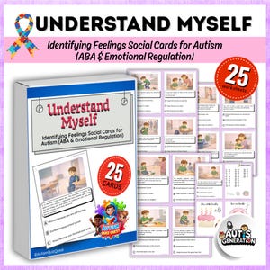 May include: A box set of "Understand Myself" social cards for autism, featuring 25 cards and worksheets. The box has the title and description, with a colorful ribbon and the text "Autism Quiz Quest".