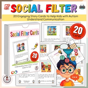 May include: A set of 20 colorful story cards designed to help children with autism understand social filters. The cards feature illustrations and text, with a title that reads "Social Filter Cards". The cards are designed to help children learn about social cues and how to respond appropriately in different situations.