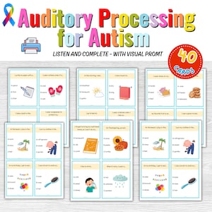 Pode incluir: Um conjunto de 40 cartas coloridas com imagens e texto para atividades de processamento auditivo. As cartas são projetadas para crianças com autismo e apresentam diversas atividades como completar frases, identificar objetos e combinar imagens.