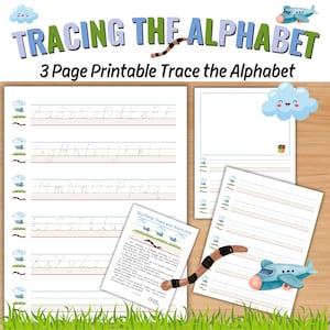 May include: A printable worksheet for tracing the alphabet. The worksheet features a blue airplane, a green worm, and a green grass line. The text "Tracing the Alphabet" and "3 Page Printable Trace the Alphabet" is included on the worksheet.