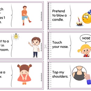 Puede incluir: Un conjunto de nueve tarjetas coloridas con instrucciones para un juego. Cada tarjeta presenta una acci&oacute;n diferente, como tocarse las rodillas, se&ntilde;alar una luz o hacer una reverencia. Las tarjetas est&aacute;n dise&ntilde;adas para ni&ntilde;os y son perfectas para aprender nuevas habilidades.