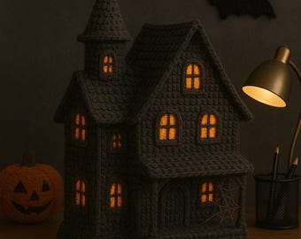 かぎ針編みのハロウィンお化け屋敷 かわいい不気味な家のアクセント かぎ針編みの不気味な家 光るハロウィンのデスクデコレーション