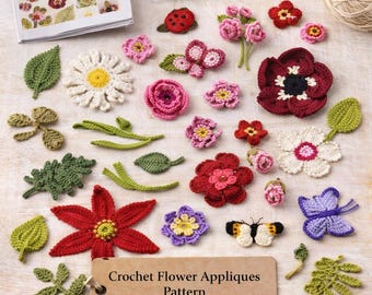 かぎ針編みの花のアップリケのパターン | 花のモチーフと葉 | デジタルPDF