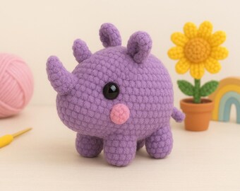 愛らしいベルベットのサイのかぎ針編みパターン - 初心者向け簡単編みぐるみおもちゃ