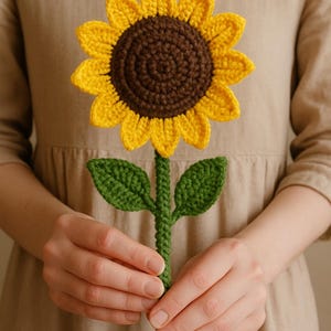以下が含まれることがあります： 黄色い花びらと茶色の中心を持つ手作りのかぎ針編みのヒマワリ。茎と葉は緑色です。ベージュのドレスを着た人の前でヒマワリが持たれています。