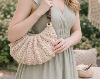 ボヘミアン風かぎ針編みショルダーバッグのパターン｜ハーフムーンハンドメイドバッグ｜初級～中級者向けかぎ針編みパターンPDF