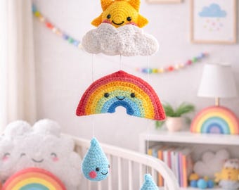 かぎ針編みのレインボーベビーモビールのパターン、太陽と雲と雨粒の保育園の装飾、編みぐるみベビーベッドモビール（PDF）