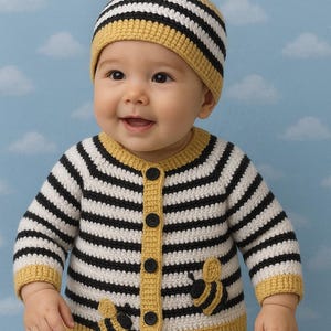 Könnte beinhalten: Ein Baby in einem handgefertigten Häkel-Bienenkostüm, bestehend aus einem gestreiften Hut mit Antennen und einer passenden Strickjacke mit Bienendetails. Das Outfit hat die Farben Schwarz, Weiß und Gelb und wird mit einer blauen Jeans kombiniert.