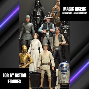 May include: A set of 10 clear plastic risers designed for 6-inch action figures. The risers are designed to elevate figures and create a dynamic display. The risers are labeled "Magic Risers" and "Designed by Landspeederluke".
