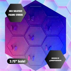 May include: A set of 3.75" scale hexagonal figure stands. The stands are made of a dark purple and blue plastic with a gradient effect. The stands are designed to be used with miniature figures. The text "HEX SOLUTION FIGURE STANDS" and "DESIGNED BY @LANDSPEEDERLUKE" is visible in the image.