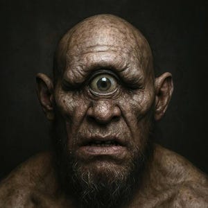 Puede incluir: Retrato detallado de un cíclope, criatura mítica con un solo ojo. La imagen muestra una cabeza calva, un solo ojo grande y un rostro arrugado con barba oscura. La piel tiene un tono marrón y la expresión es intensa.