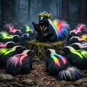 以下が含まれることがあります： 森の中で集まるスカンクの空想的な画像。 中央のスカンクは、光の王冠と虹色の尾を身につけ、鮮やかな色の毛皮を持つスカンクのグループに話しかけているようです。 シーンは森の環境に設定されています。