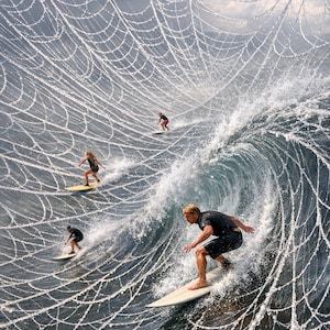 Puede incluir: Varios surfistas surfeando olas en el océano, con un patrón blanco similar a una telaraña superpuesto en el agua. Los surfistas llevan trajes de neopreno y montan tablas de surf. El cielo está nublado.