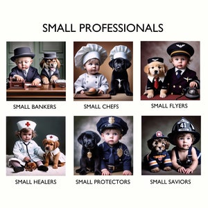 May include: A collage of six images featuring babies dressed as different professions, each with a puppy companion. The professions include banker, chef, pilot, nurse, police officer, and firefighter.