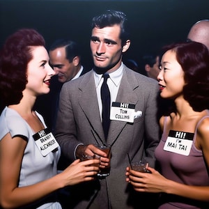 Cocktail Party Series:  You Are What You Drink. A Willful Wall Art image of three partygoers who have the same name as their favorite drink.