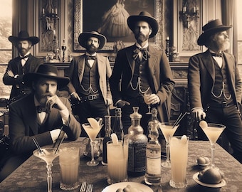 Cocktail Party Series:  Cattle Barons&#39; Cocktail Party, 1870s.  A vintage-looking sepia image of Western cattle barons enjoying cocktails.